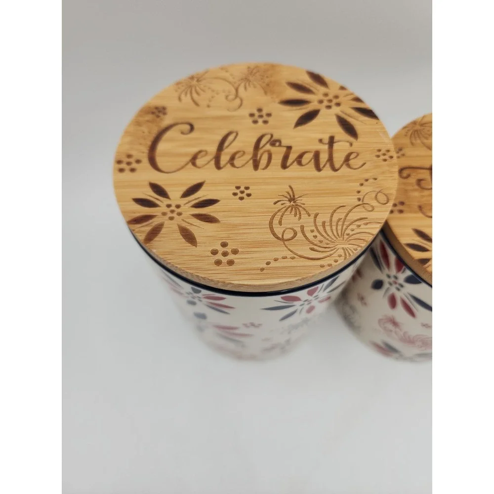 Temptations By Tara Set Of 3 Patriotic Cannisters W/Bamboo Lids